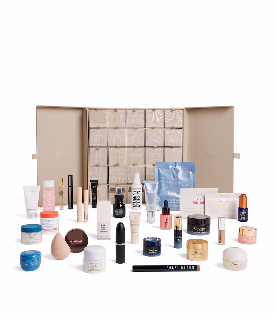 Harrods Beauty Advent Calendar 2025 detail — luxury skincare and fragrance selection from the flagship department store calendar